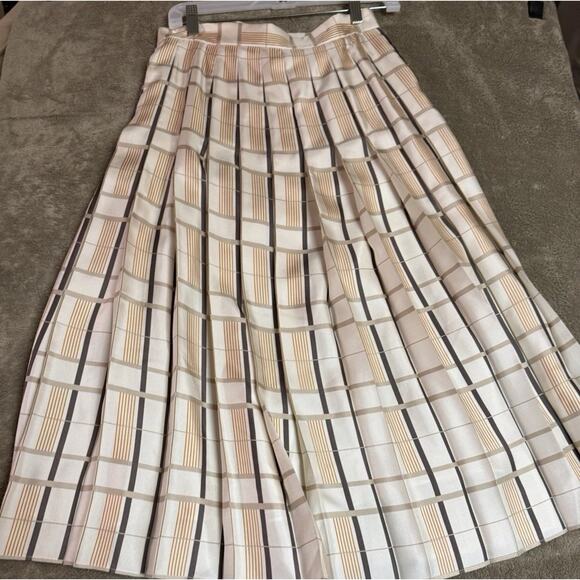 Lafayette 148 NY Silk Blend Brown Cream Geometric Pleated A-line Midi Skirt Sz 2 - Picture 1 of 7